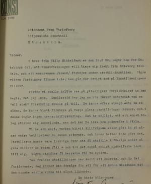 Carta de Tor Bjurstöm a Sven Strindberg del 1 de abril de 1938