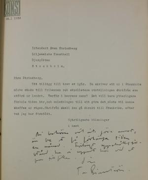 Carta de Tor Bjurstöm a Sven Strindberg del 26 de enero de 1938