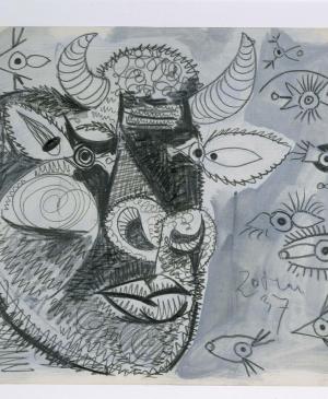 Cabeza del toro con estudios de ojos. Dibujo preparatorio para «Guernica»