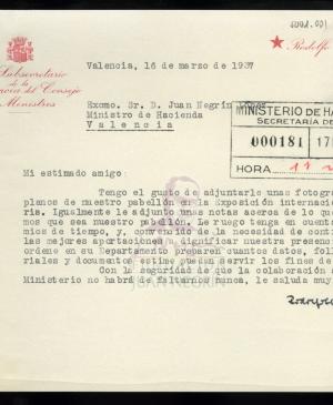 Carta de Rodolfo Llopis a Juan Negrín 