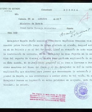 Telegrama de la Embajada de España en Francia al Ministro de Estado 