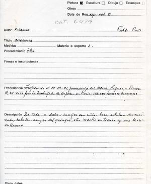 Ficha de registro de las obras de Picasso ingresadas en el Casón, entre ellas Guernica