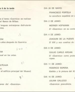Conferencias sobre el siglo XIX y Guernica celebradas dentro del programa Misiones del Arte del Museo Nacional del Prado de mayo a junio de 1982