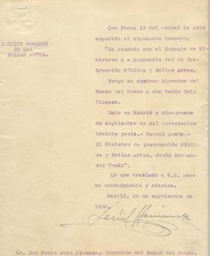 Carta de Jesús Hernández Tomás a Pablo Picasso