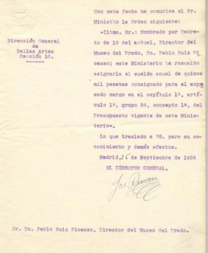Letter from  Josep Renau to Pablo Picasso,  24 September 1936