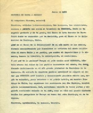 Carta de Mário Pedrosa a Pablo Picasso