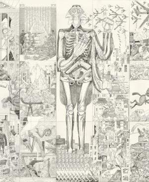 Sergio García Sánchez, <em>Guerra. Inspirada en el Guernica de Pablo Ruiz Picasso, 2020. Tinta china sobre papel fijado sobre soporte de madera. Fotografía de Sergio García Sánchez 