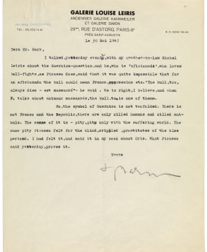 Carta de Daniel H. Kahnweiler a Alfred H. Barr, París, 30 de mayo de 1947