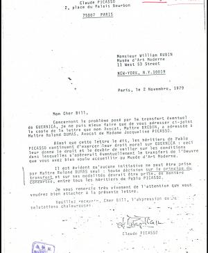 Copia de la carta de Claude Picasso a William Rubin, París, 2 de noviembre de 1979