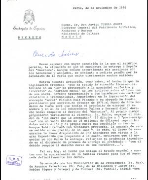 Despacho secreto de Rafael Fernández Quintanilla a Javier Tusell, París, 22 de noviembre de 1980