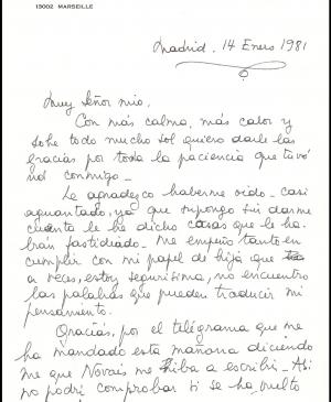Carta de Maya Picasso a Javier Tusell, Madrid, 14 de enero de 1981