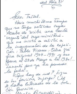 Carta de Maya Picasso a Javier Tusell, Marsella, 28 de junio de 1981