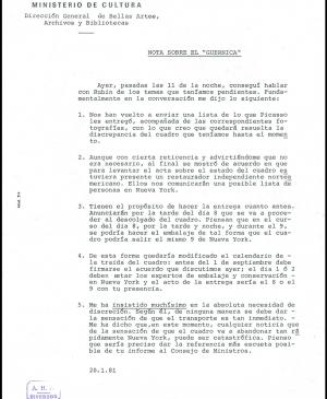 A photocopied note on <em>Guernica</em>, written by the director-general of Fine Arts, Javier Tusell, and dated incorrectly as 20 January 1981 when, according to its content, the date is more likely to be 20 August  