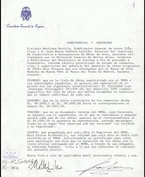 Documento confidencial y reservado firmado por Álvaro Martínez-Novillo y José María Cabrera, Nueva York, 8 de septiembre de 1981