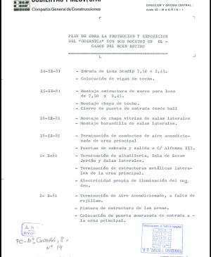 Plan de obra de la protección y exposición del <em>Guernica</em> con sus bocetos en el Casón del Buen Retiro, elaborado por la empresa "Cubiertas y Mzov, S.A. Compañía General de Construcciones", Madrid, 24 de septiembre de 1981