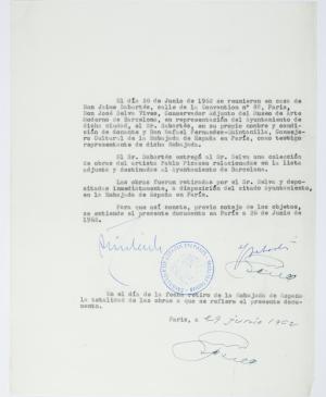 Documento firmado por Jaume Sabartés por el que entregaba las obras de su propiedad destinadas al futuro Museo Picasso, París, 29 de junio de 1962
