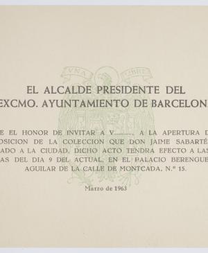 Invitation to the opening of the Sabartés Collection exhibition, Barcelona, 9 March 1963