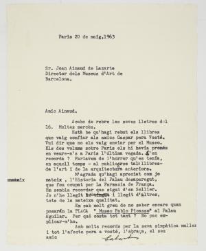 Carta de Jaume Sabartés a Joan Ainaud de Lasarte sobre la colocación de la placa "Museo Pablo Picasso", París, 20 de mayo de 1963