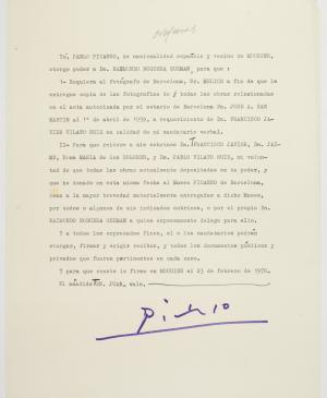 Documento firmado por Pablo Picasso sobre la donación de sus obras de juventud conservadas por su familia, Mougins, 23 de febrero de 1970