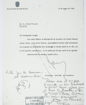 Carta de José María de Porcioles a Pablo Picasso, Barcelona, 18 de junio de 1962