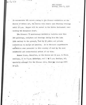Press release on the attendance to the exhibition Picasso: 75th anniversary exhibition, of June 2, 1957