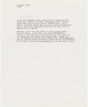 Richard Oldenburg, Declaración sobre la salida del Guernica hacia España, 1981