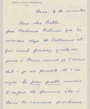 Carta de Eugenio Reale a Pablo Picasso del 26 de noviembre de 1956
